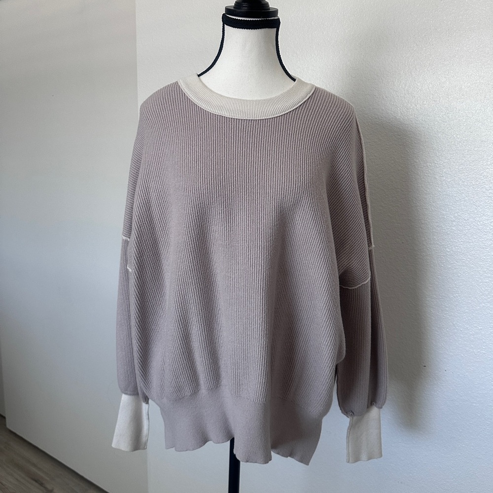 Womens Oversized Relaxed Crewneck Sweater in Taupe with Cream Trim